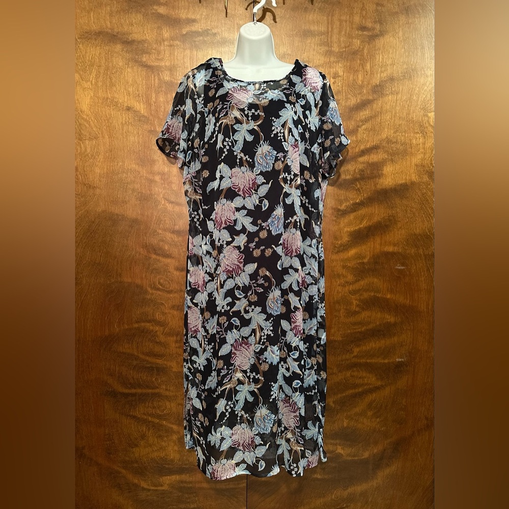 Vince Camuto Short Sleeve Chiffon Shift Dress Plus Size 1X Blue Paisley Wedding